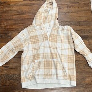 Aerie AE Plaid Pullover Hoodie Beige & Cream Oversized Fit Women’s Medium